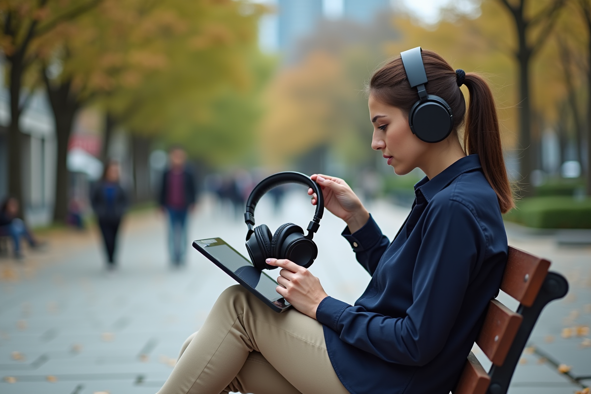 Femme comparant des écouteurs en plein air dans un parc urbain