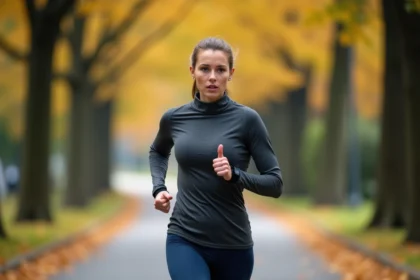 Femme qui court à allure régulière sur un chemin de parc en automne avec une montre GPS au poignet pour suivre son allure de footing