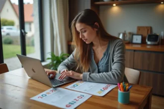 Jeune femme planifiant la coupe du monde 2026 à la maison