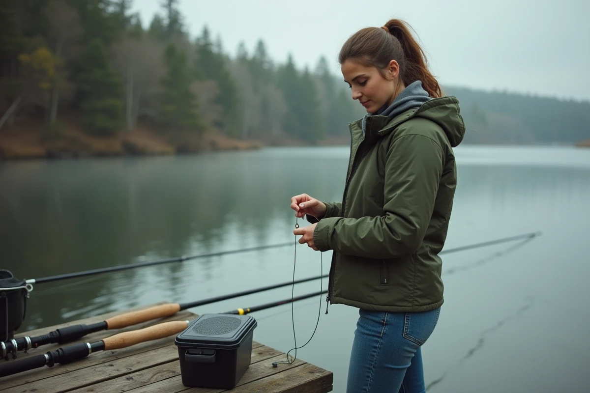 Jeune femme vérifiant une ligne de pêche au bord du lac