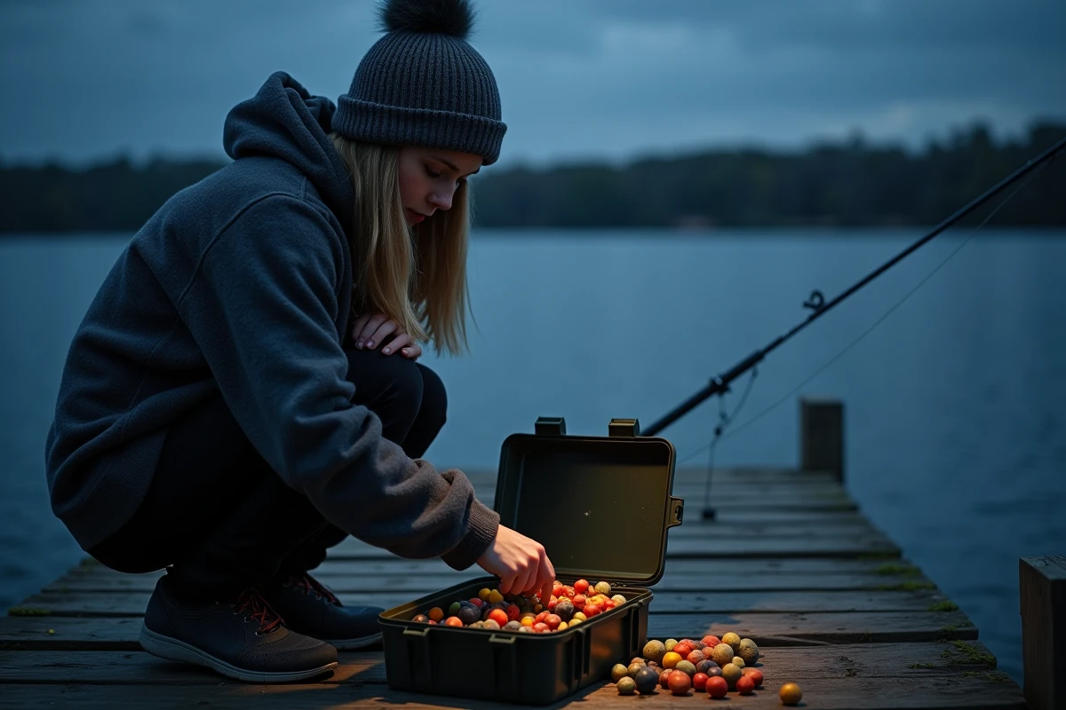 Jeune femme organise des bouillettes de pêche sur un pont en bois