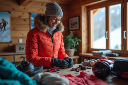 Jeune femme souriante préparant son équipement de ski dans un chalet