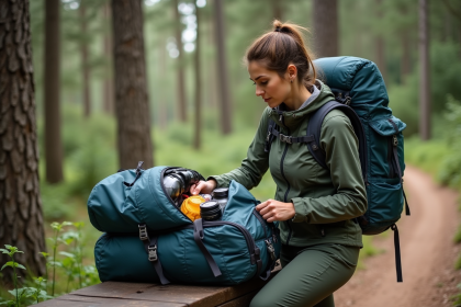 Femme en pleine préparation de son sac à dos en forêt