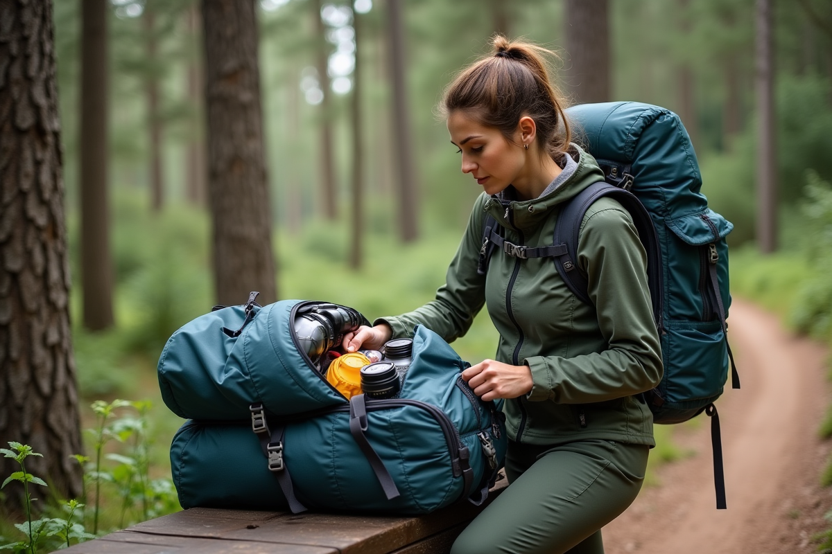 Femme en pleine préparation de son sac à dos en forêt