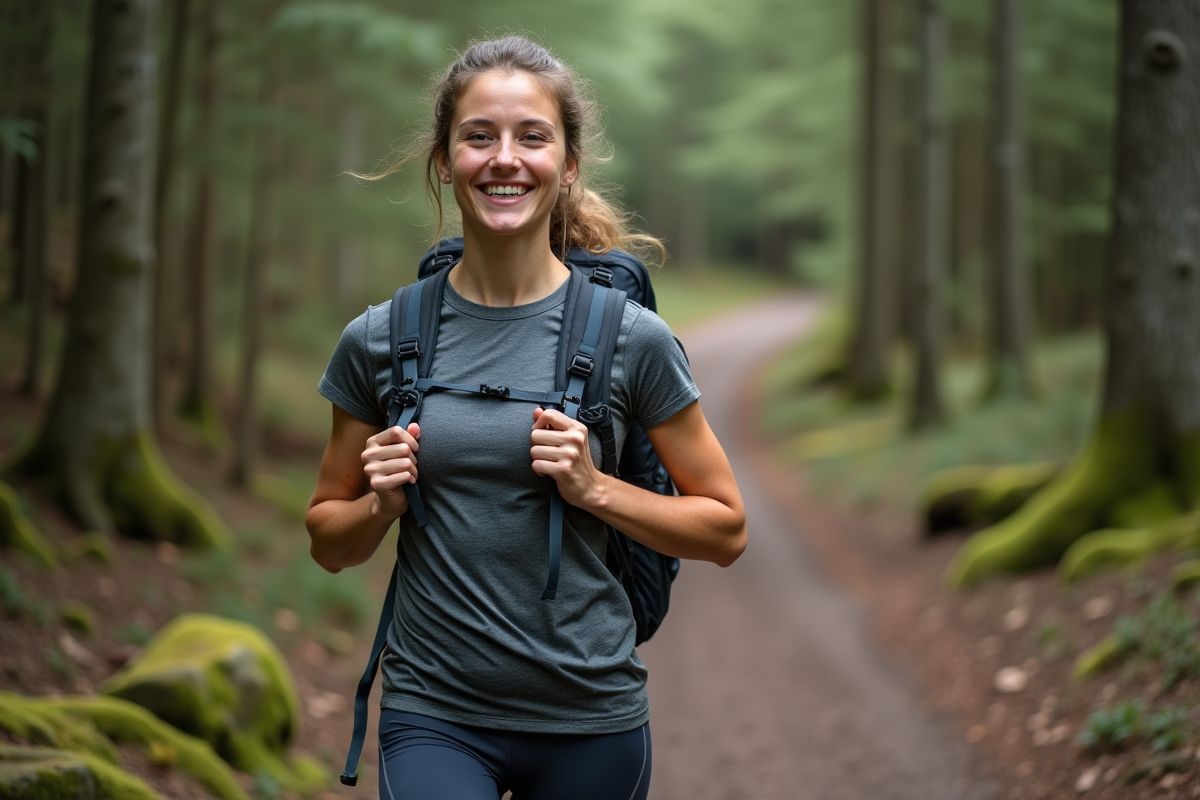 Jeune femme ajustant son sac à dos sur un sentier forestier