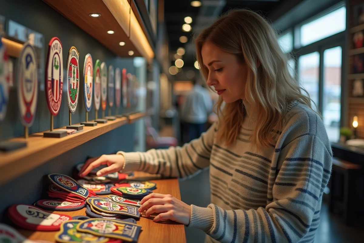 Femme cherchant un badge de club dans une boutique de sport