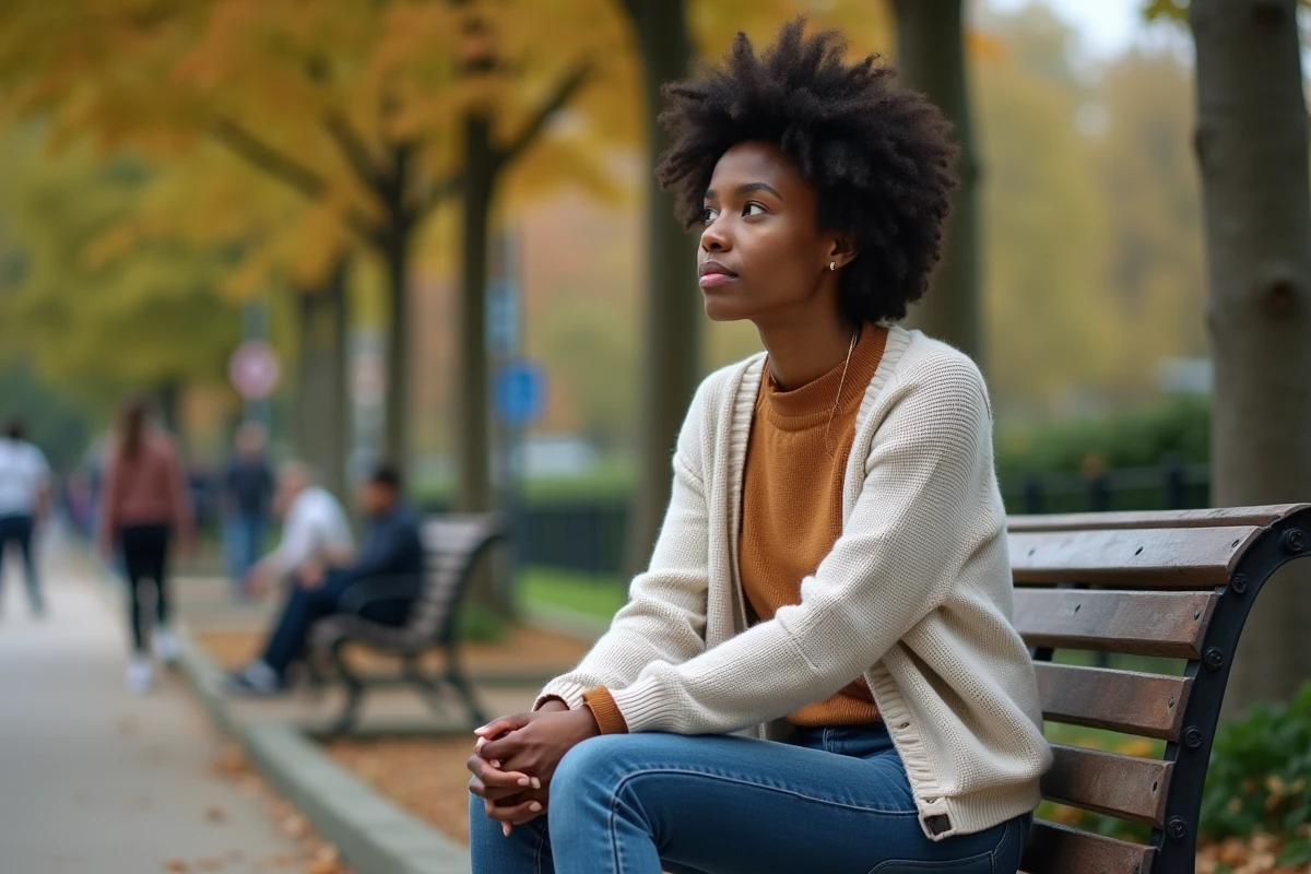 Femme noire assise sur un banc dans un parc urbain