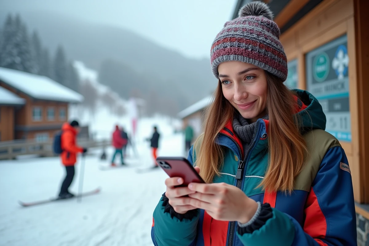 Jeune femme vérifiant son téléphone au ski