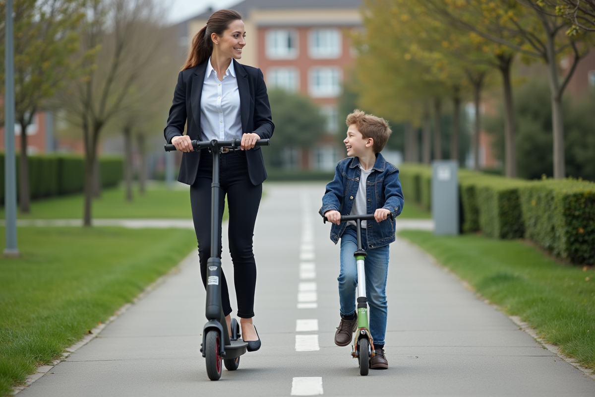 Jeune femme en costume roulant en scooter avec un garçon