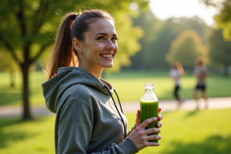 Jeune femme souriante avec smoothie dans un parc ensoleille