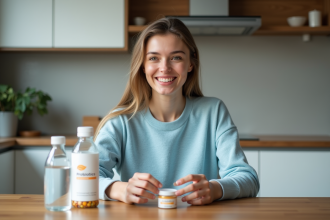 Jeune femme souriante avec suppléments dans la cuisine