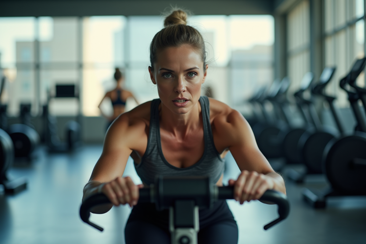 Femme entraînée utilisant un rameur en salle de sport