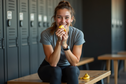 Jeune femme sportive mangeant une banane dans une salle de sport