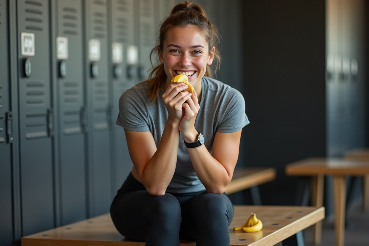 Jeune femme sportive mangeant une banane dans une salle de sport