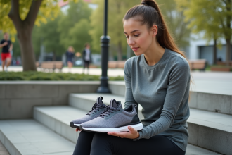 Jeune femme compare chaussures de sport et sneakers en ville