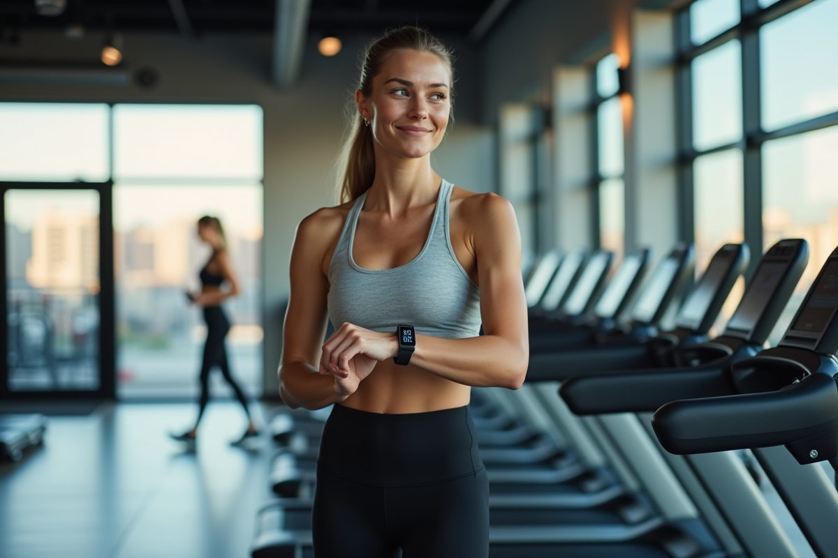 Femme en tenue de sport vérifiant sa montre fitness