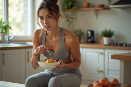Jeune femme sportive mangeant un bol de fruits dans une cuisine lumineuse