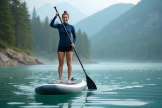Femme debout sur un stand up paddle gonflable sur un lac de montagne calme, tenant une pagaie en carbone, idéal pour illustrer un article sur le choix d'un SUP en ligne