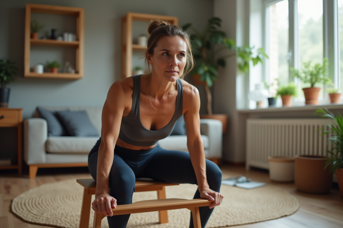 Femme faisant des dips sur une chaise dans un salon moderne