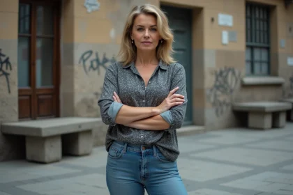 Femme d'âge moyen dans une ville avec attitude déterminée