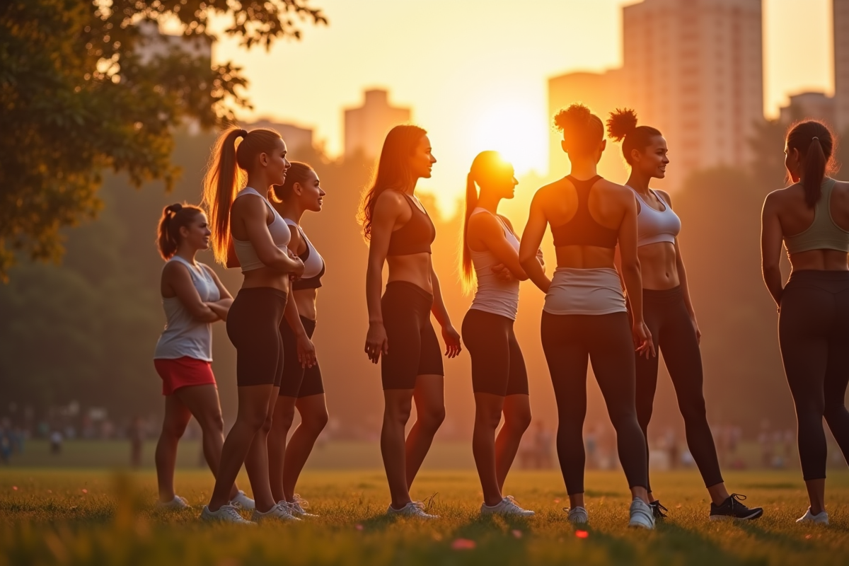 Groupe de femmes sportives au parc au lever du soleil