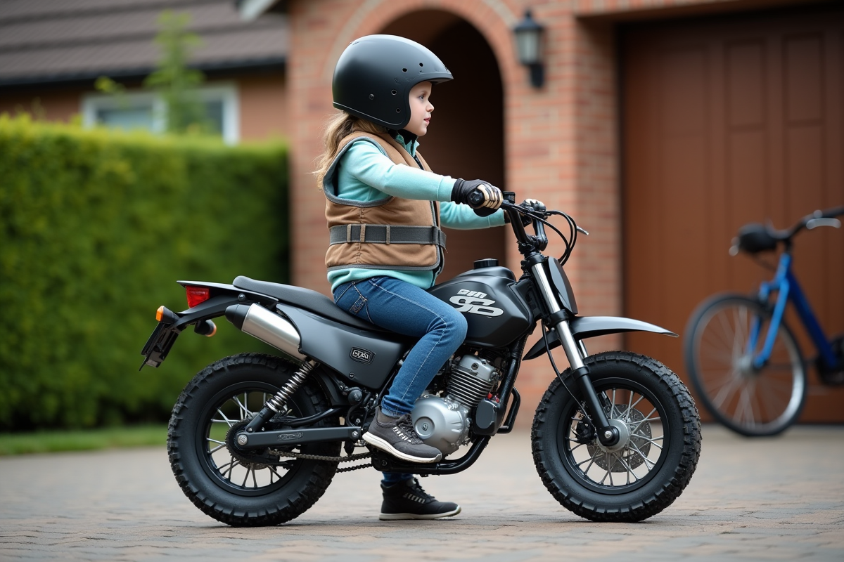 Fille de 12 ans ajustant son casque à côté de sa moto dans une cour