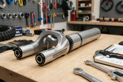 Fourche suspension Manitou Comp posée sur un établi d'atelier vélo avec axe, pivot et repères de débattement visibles