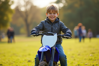 Garçon de 12 ans souriant sur une moto tout-terrain dans un champ