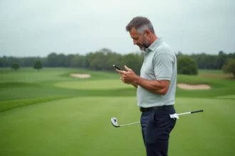 Golfeur consultant son smartphone sur le fairway pour analyser son jeu via un formulaire de contact golf