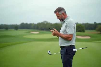 Golfeur consultant son smartphone sur le fairway pour analyser son jeu via un formulaire de contact golf