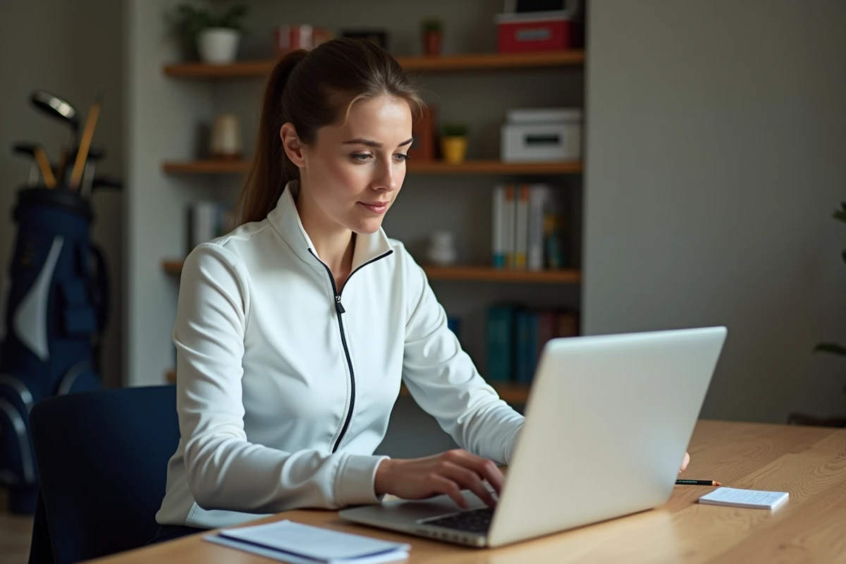 Femme golfeuse remplissant un formulaire de contact en ligne pour obtenir un bilan complet de son jeu de golf