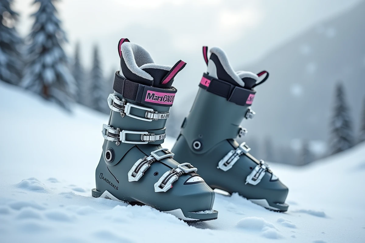 Gros plan de chaussures de ski femme avec doublure isolante et boucles de précision sur la neige