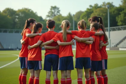 Jeunes joueurs de football souriants en groupe sur le terrain