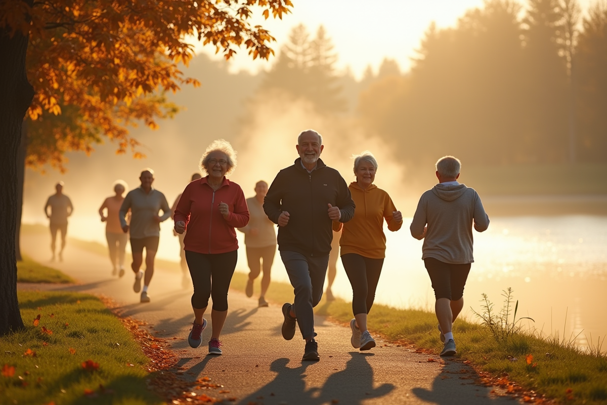 Groupe de seniors faisant du jogging au bord du lac en automne