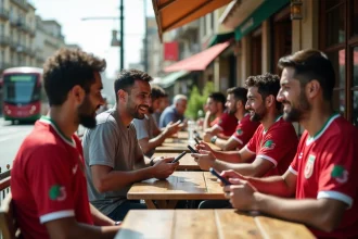 Groupe de jeunes supporters algériens au café à Algiers