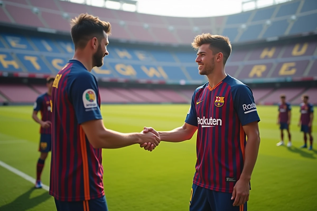 Jeunes footballeurs FC Barcelona saluant sur le terrain du Camp Nou