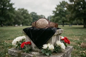 Hommage mémoriel à un catcheur professionnel avec une ceinture de championnat posée sur un piédestal en pierre entouré de fleurs blanches et rouges dans un parc