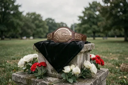 Hommage mémoriel à un catcheur professionnel avec une ceinture de championnat posée sur un piédestal en pierre entouré de fleurs blanches et rouges dans un parc