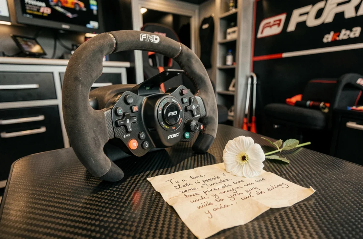 Hommage intime avec fleur et message manuscrit posés près d'un volant de Formule 1 dans un motorhome d'équipe