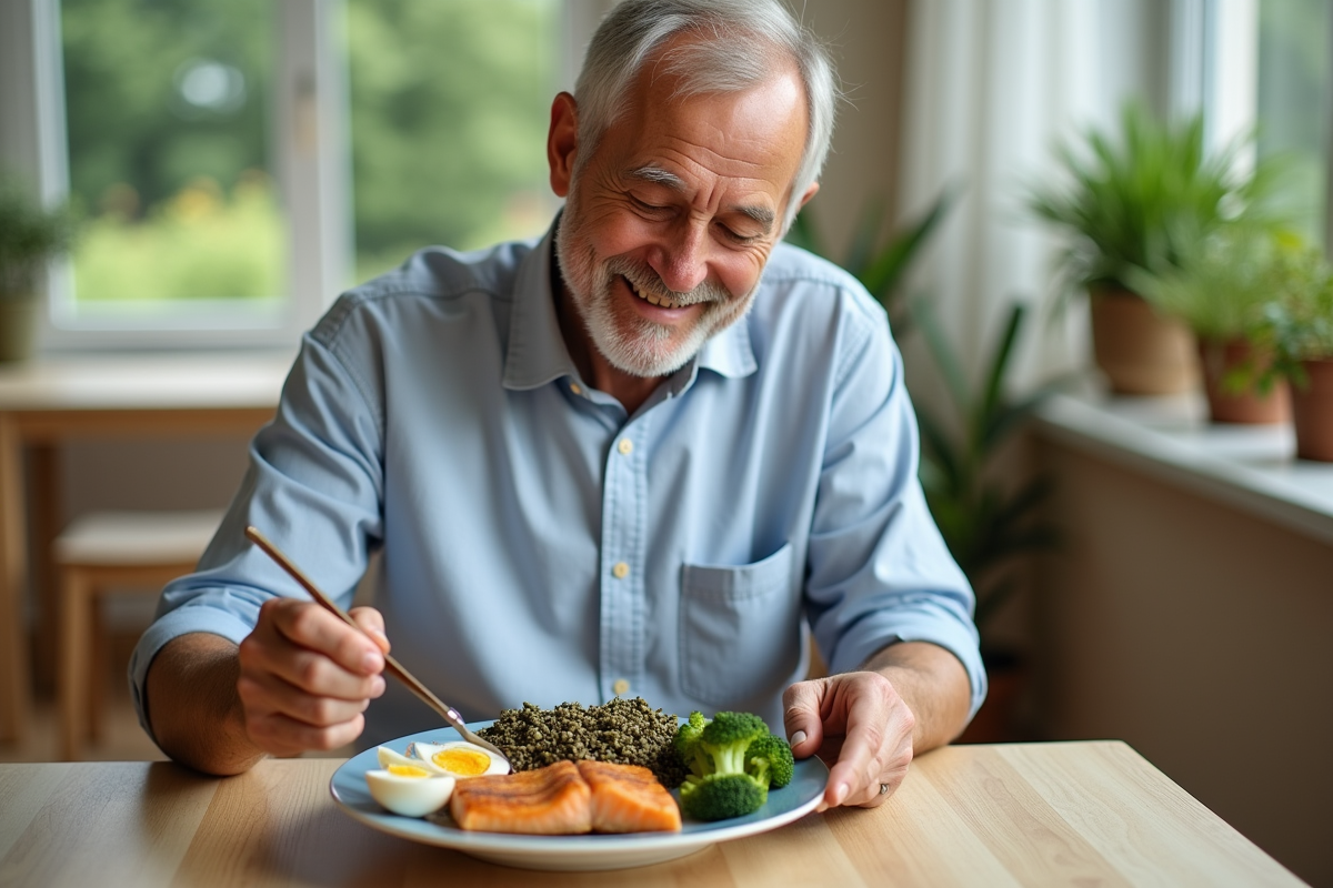 Homme préparant une assiette saine dans une véranda lumineuse