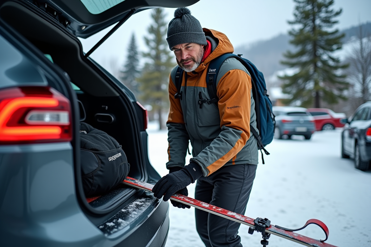 Homme chargé son équipement de ski dans une voiture en montagne enneigee
