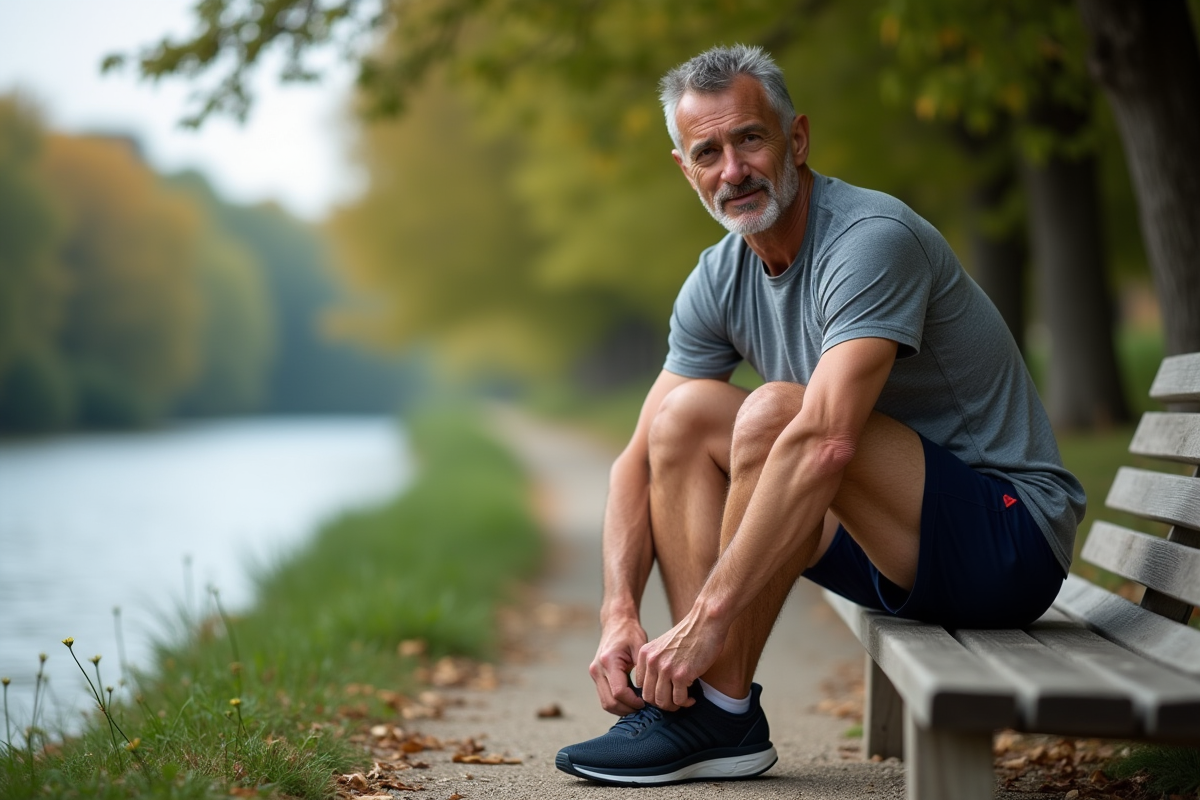 Homme attachant ses chaussures de course au bord de la rivière