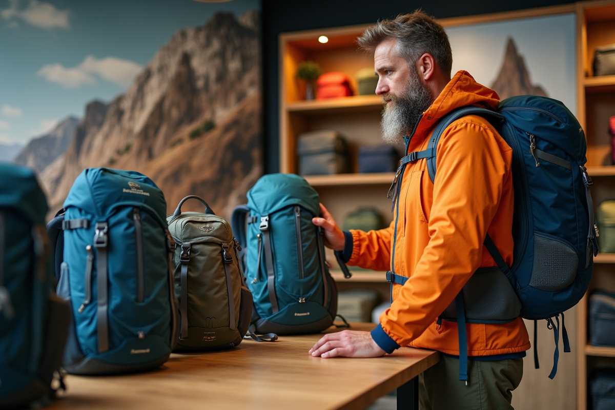 Homme compare différents sacs à dos en magasin outdoor