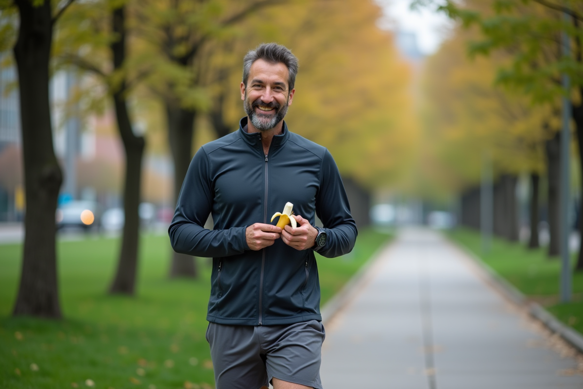 Homme en plein air avec banane après l