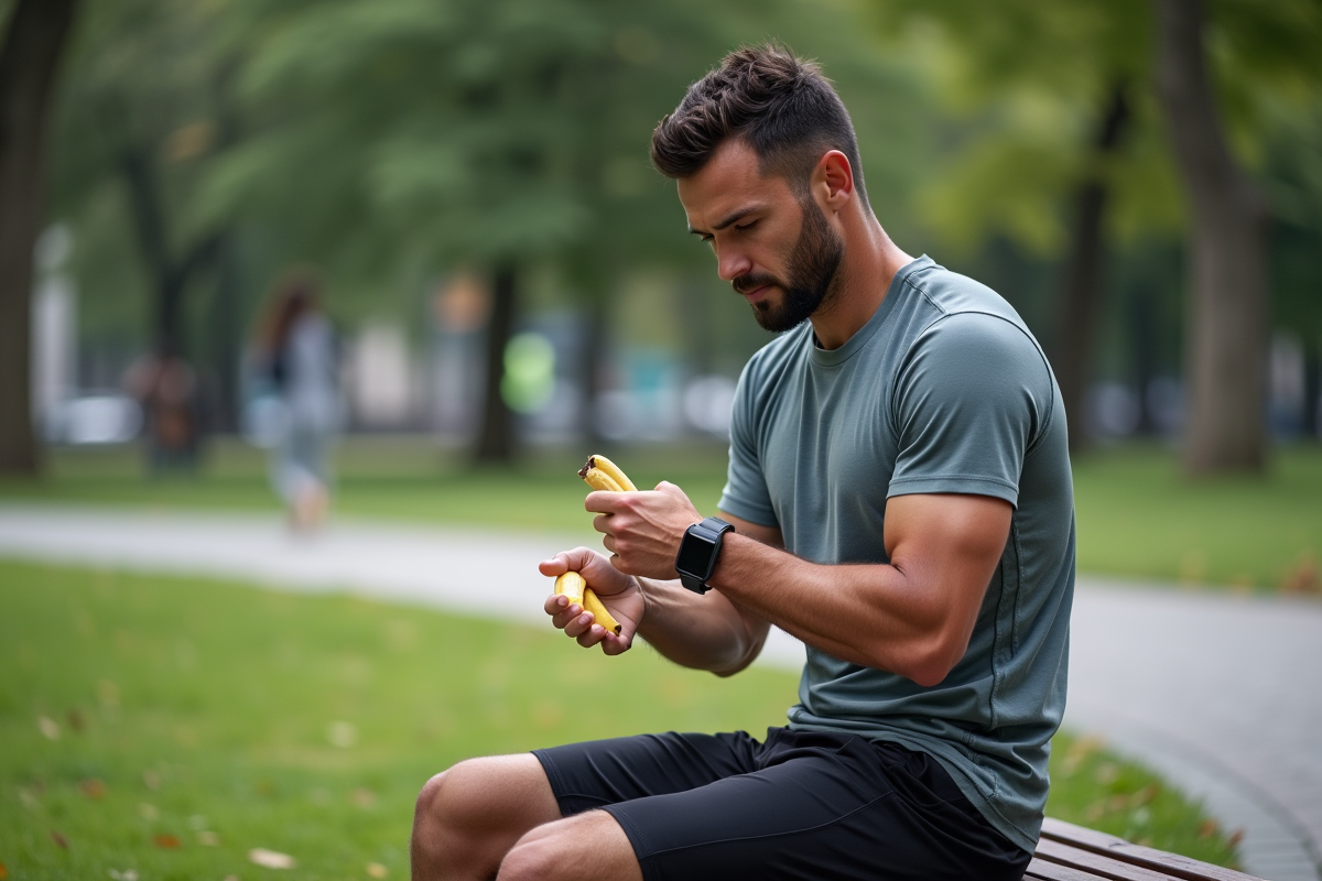Homme coureur vérifiant sa montre en mangeant une banane dans un parc