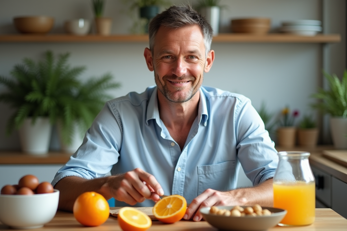 Homme coupant une orange dans une cuisine moderne chaleureuse