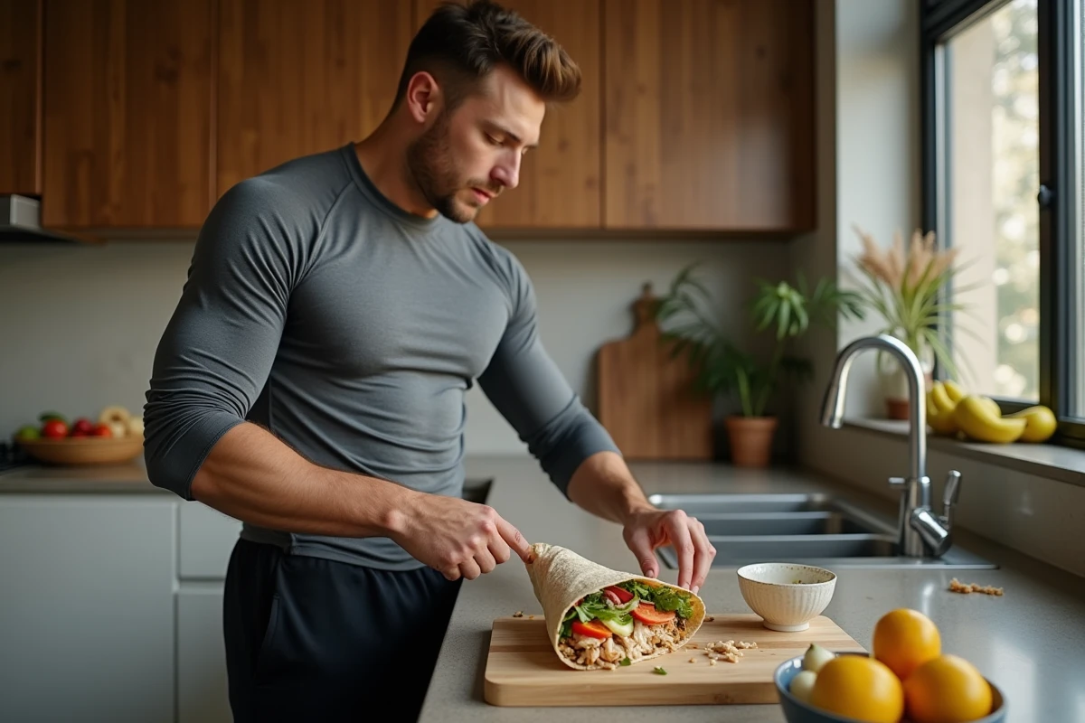 Homme musclé préparant un wrap au poulet dans la cuisine
