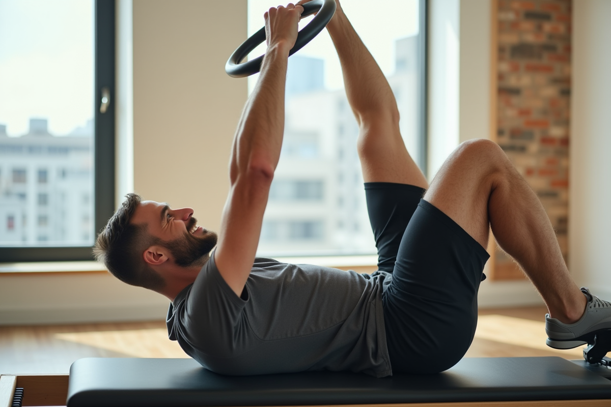 Homme avec anneau Pilates sur un reformer lumineux