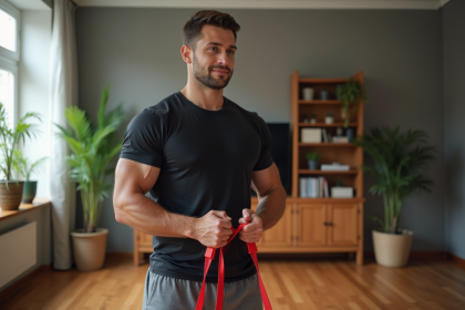 Jeune homme faisant un curl avec bande rouge dans un salon