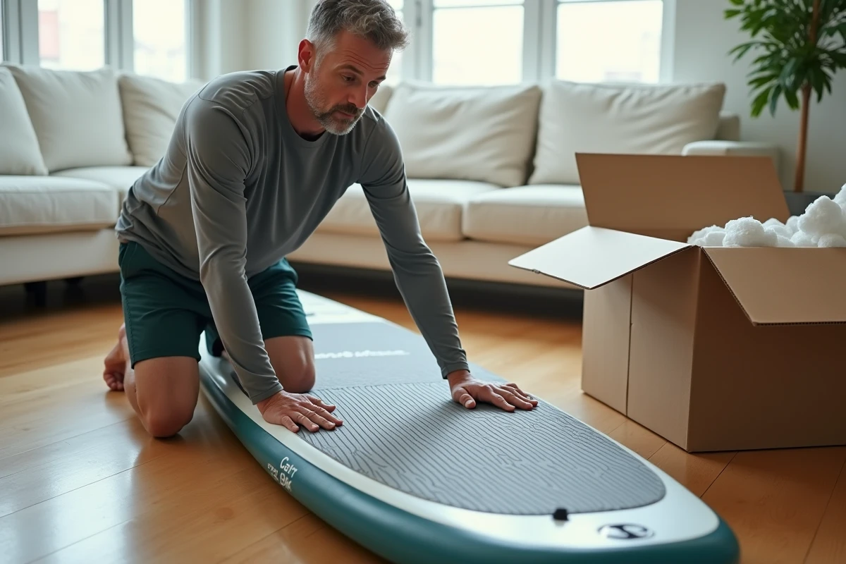 Homme inspectant un stand up paddle gonflable déballé dans son salon, examinant la texture et la valve du board après réception d'une commande en ligne